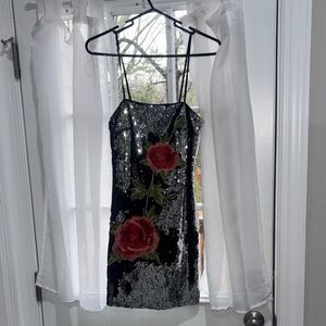 Forever 21 Black Sequin Dress with Red Floral Accents